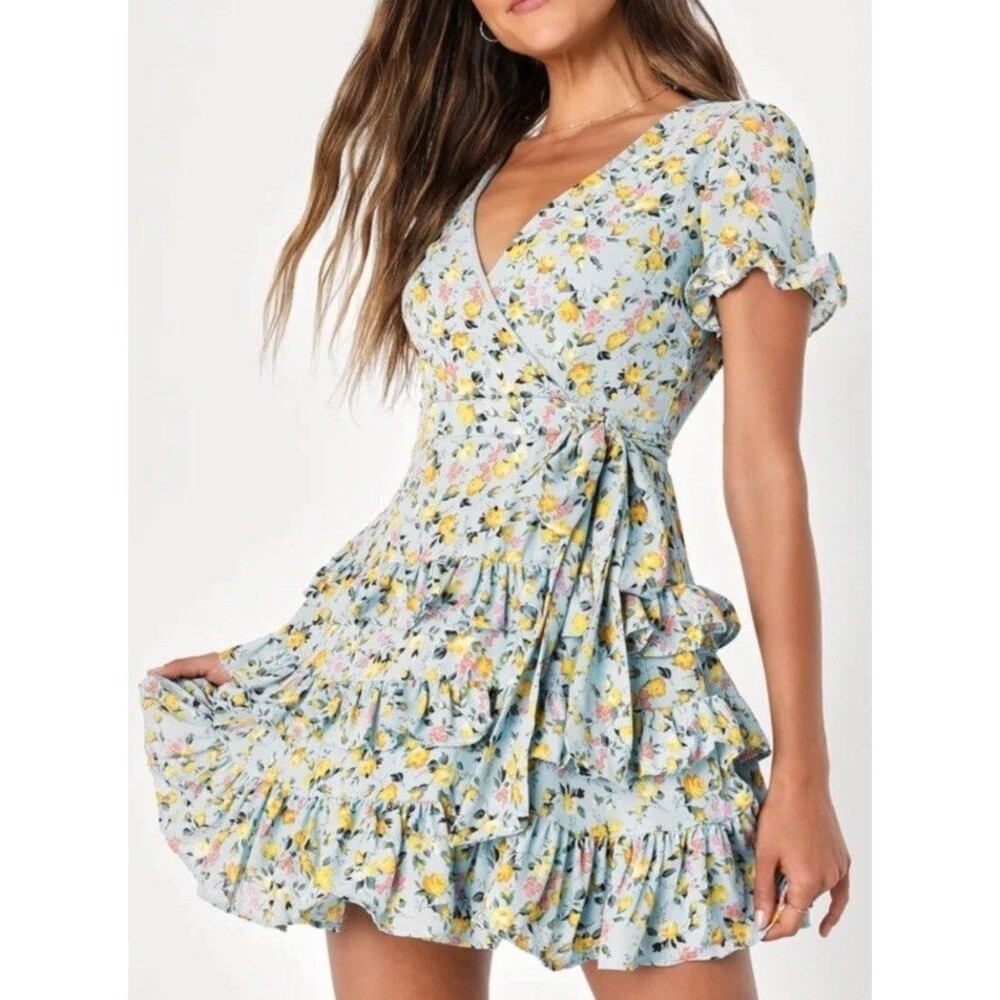 Lulus Feeling Butterflies Women’s Size Med Blue Floral Tiered Ruffle Mini Dress